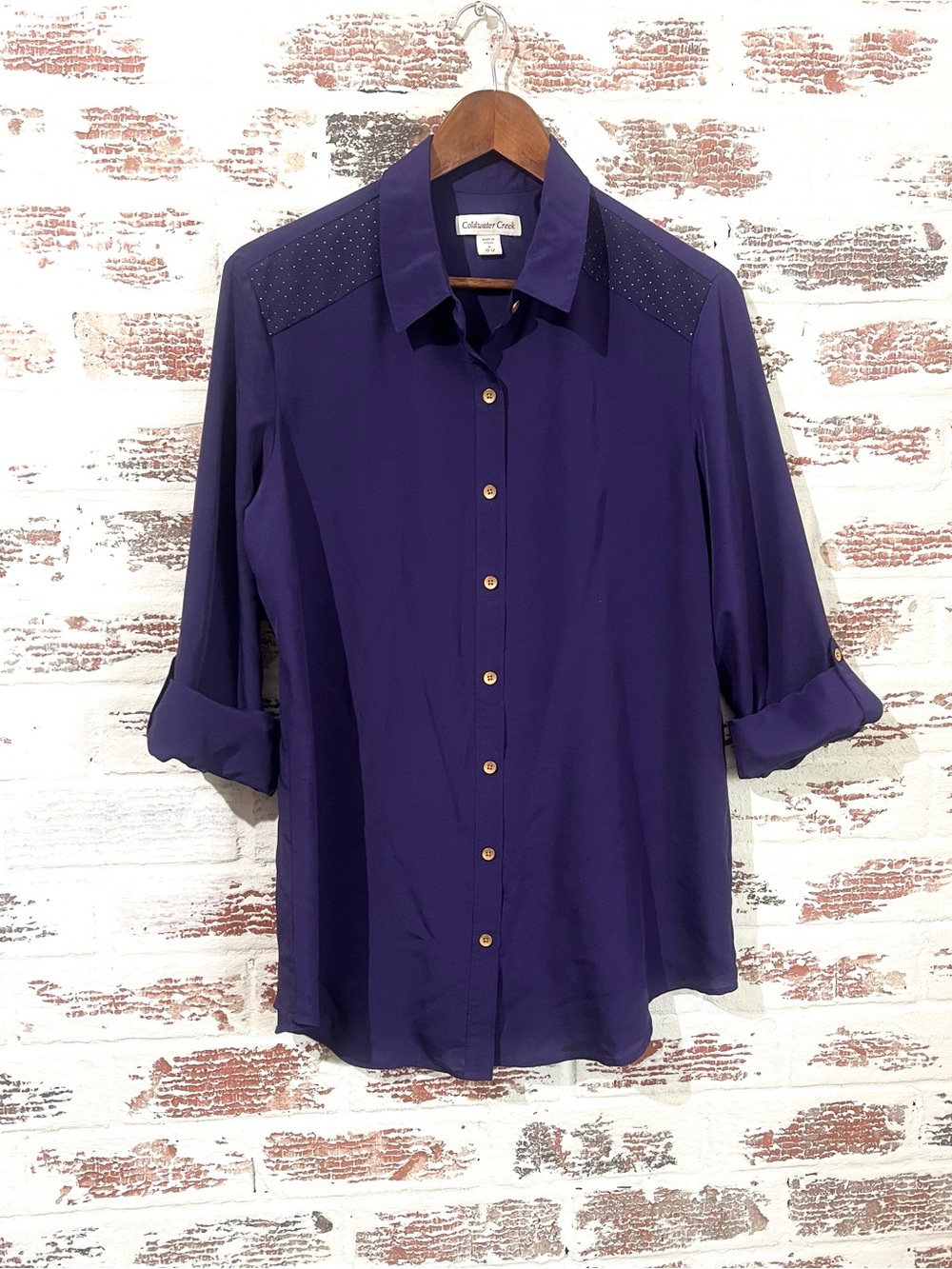 Coldwater Creek Blouse Purple Studded Shoulder Roll Tab Sleeve Button Down L